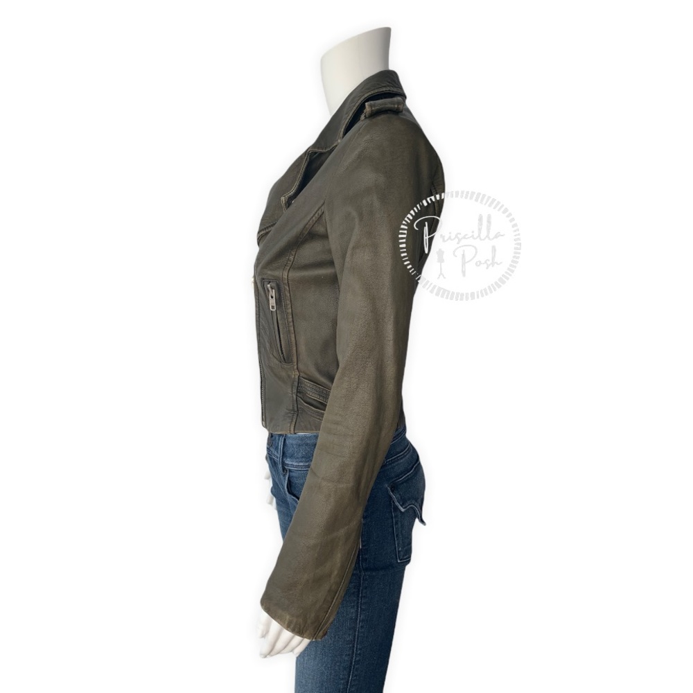 IRO Olive Green Ashville Leather Cropped Distressed Moto Jacket - Picture 10 of 16